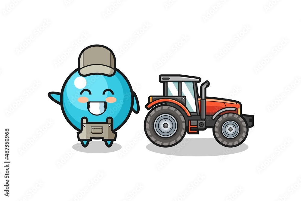 the blueberry farmer mascot standing beside a tractor