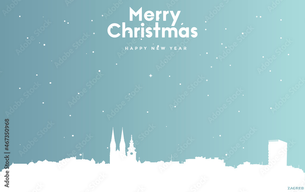 Christmas and new year blue greeting card with white cityscape of Zagreb
