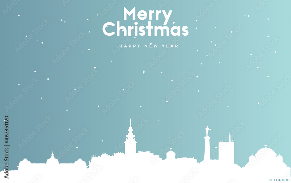 Christmas and new year blue greeting card with white cityscape of Belgrade