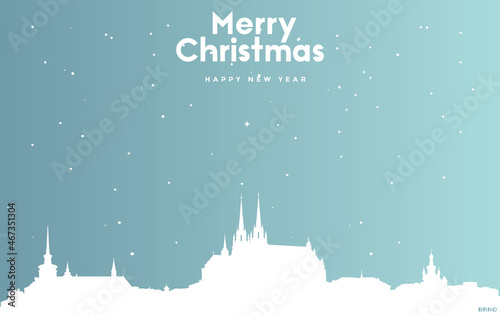 Christmas and new year blue greeting card with white cityscape of Brno