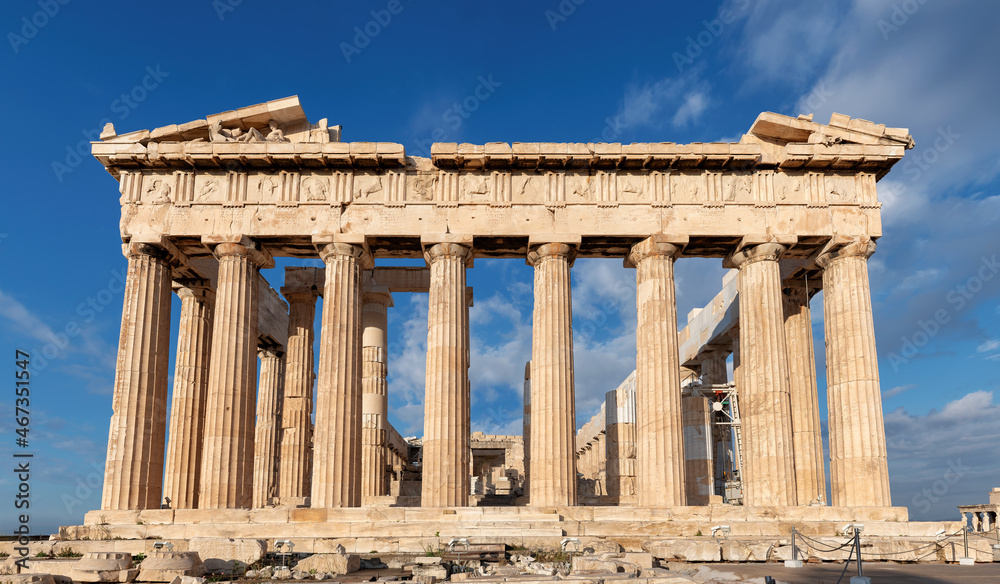 Parthenon temple on a sunny day in Acropolis in Athens, Greece