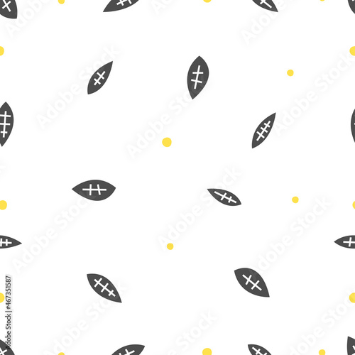 Minimalistic abstract vector pattern in Scandinavian style. Cute doodles in the form of gray leaves with crosses and serifs on a white background with bright yellow dots. Universal everyday pattern