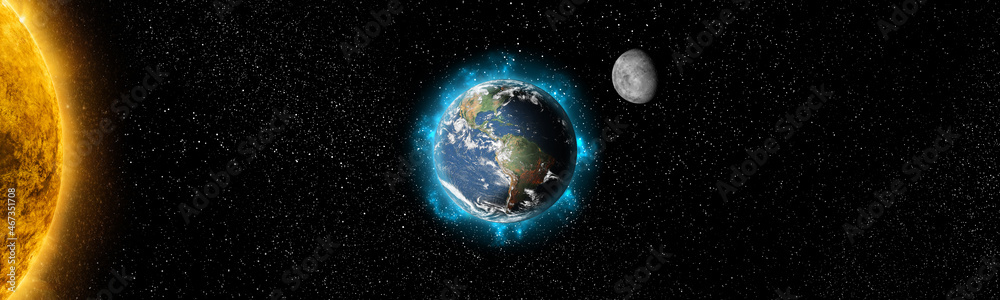 Fototapeta premium Sun star and planet earth and moon in space front view. Cosmic background.Solar system.Elements of this image furnished by NASA