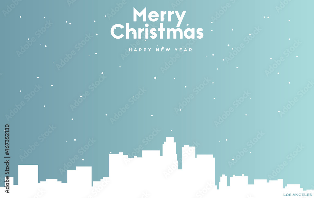 Christmas and new year blue greeting card with white cityscape of Los Angeles