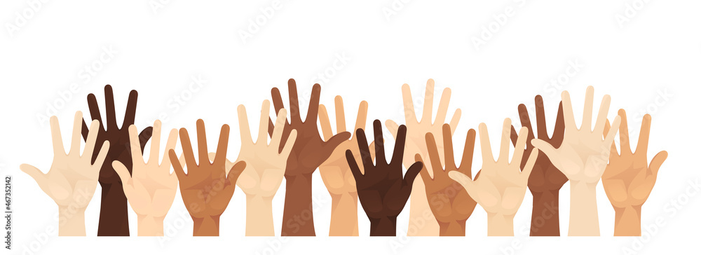 Multiethnic diverse people hands with different skin color raised up vector illustration isolated - obrazy, fototapety, plakaty 