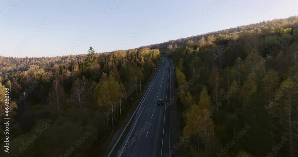 One gray silver crossover SUV car driving alone road trip, travel on freeway through dense colorful forest corridor at autumn sunny sunset - Aerial drone wide view One gray silver crossover SUV car driving alone road trip, travel on freeway through dense colorful forest corridor at autumn sunny sunset - Aerial drone wide view