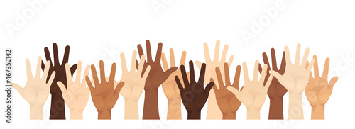 Multiethnic diverse people hands with different skin color raised up vector illustration isolated