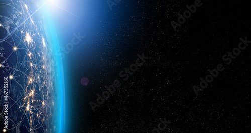 Fototapeta Naklejka Na Ścianę i Meble -  Night view of planet Earth from space.Global world network and telecommunication on earth cryptocurrency and blockchain and IoT.. Elements of this image furnished by NASA.Communication technology