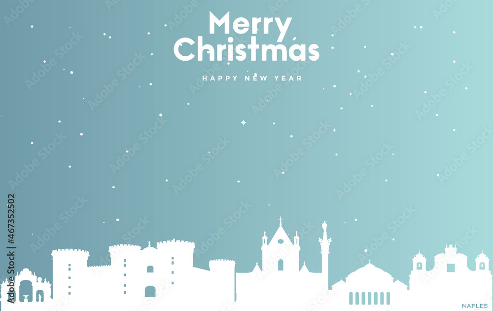 Christmas and new year blue greeting card with white cityscape of Naples