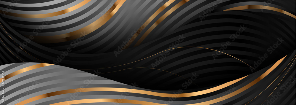 Luxury paper cut background, Abstract decoration, golden pattern, halftone gradients, 3d Vector illustration. Black, white, blue, gold waves Cover template, geometric shapes, modern minimal banner. - obrazy, fototapety, plakaty 