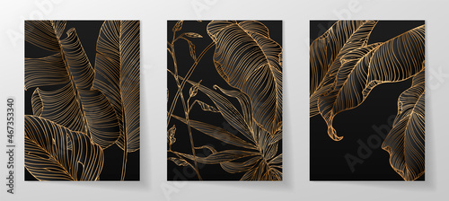 Wedding invitation with palm leaves, gold, black, white template, artistic covers design, colorful texture, modern backgrounds. Trendy pattern, graphic gold brochure. Luxury Vector illustration