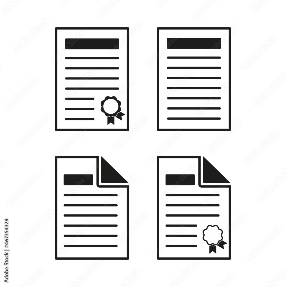 A set of four isolated document icons on a white background, black fill, black outline, vector illustration A set of four isolated document icons on a white background, black fill, black outline, vector illustration