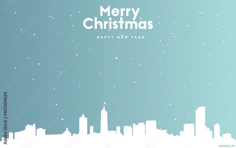 Christmas and new year blue greeting card with white cityscape of Medellin