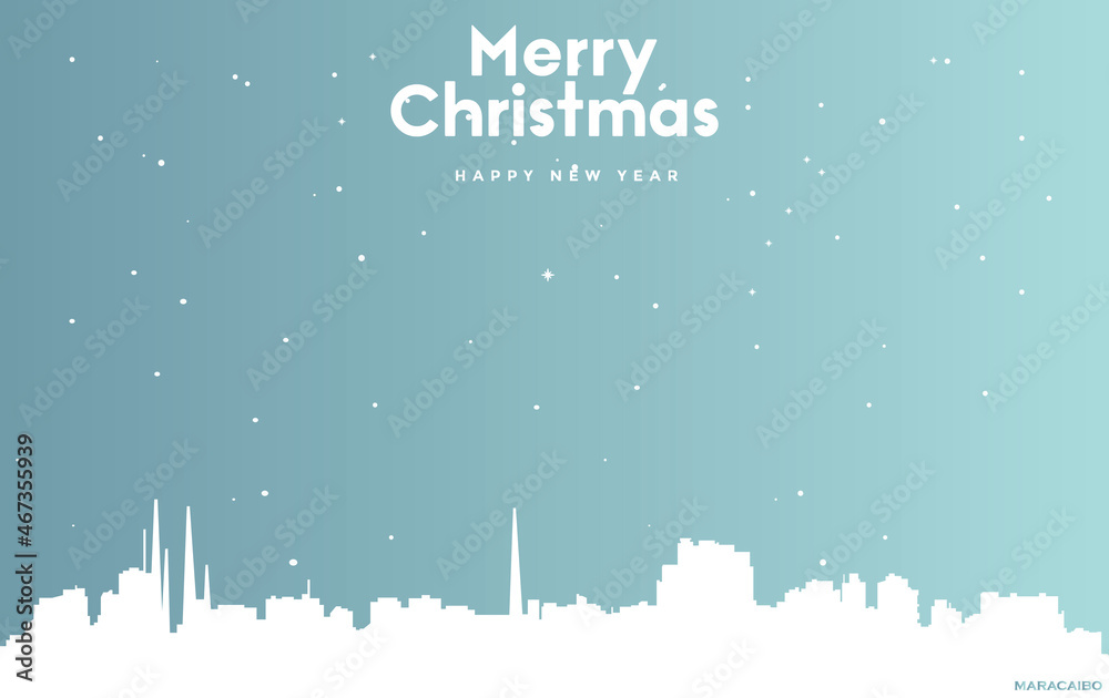 Christmas and new year blue greeting card with white cityscape of Maracaibo