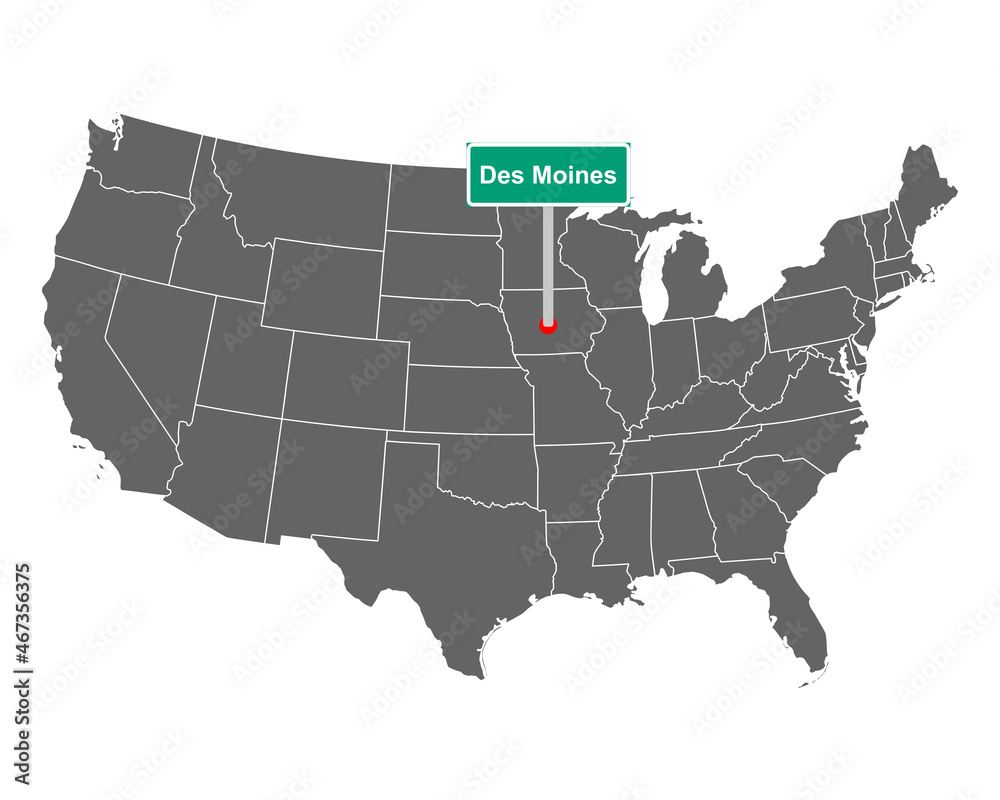 Des Moines Ortsschild und Karte der USA