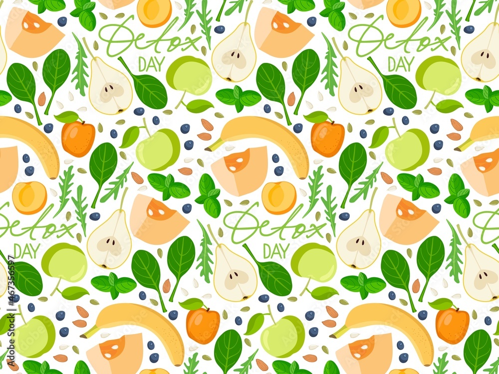 Fototapeta premium Seamless pattern with Detox day text and smoothie ingredients. Healthy fruits, vegetables, greens, seeds. Fresh energetic drink. Background for farmer market, restaurant menu, wallpaper, cover design.