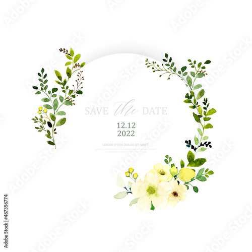 Watercolor invitation design with floral wreath on a round frame