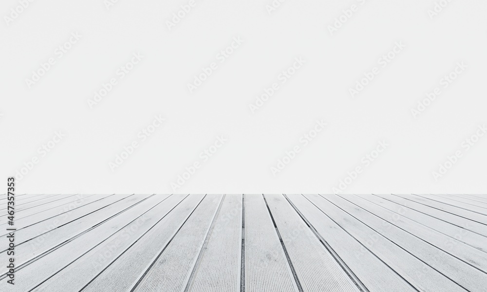Fototapeta premium Empty room with white wooden floor or desktop background. Table top for advertising and copy space. Architecture and interior concept. 3D illustration rendering