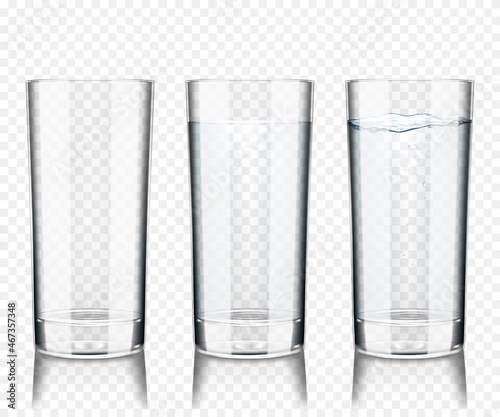 Set of transparent glasses with water and empty, isolated.