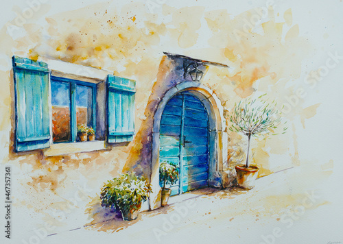 Blue door and window shutters, Stanjel, Slovenia. Picture created with watercolors. photo
