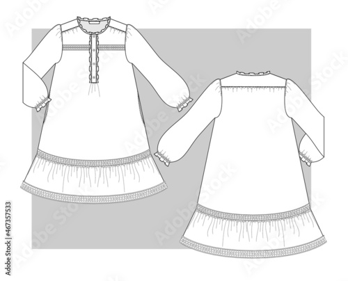 Textile summer dress with openwork panels, long Puffed sleeves and ruffles. Technical sketch.