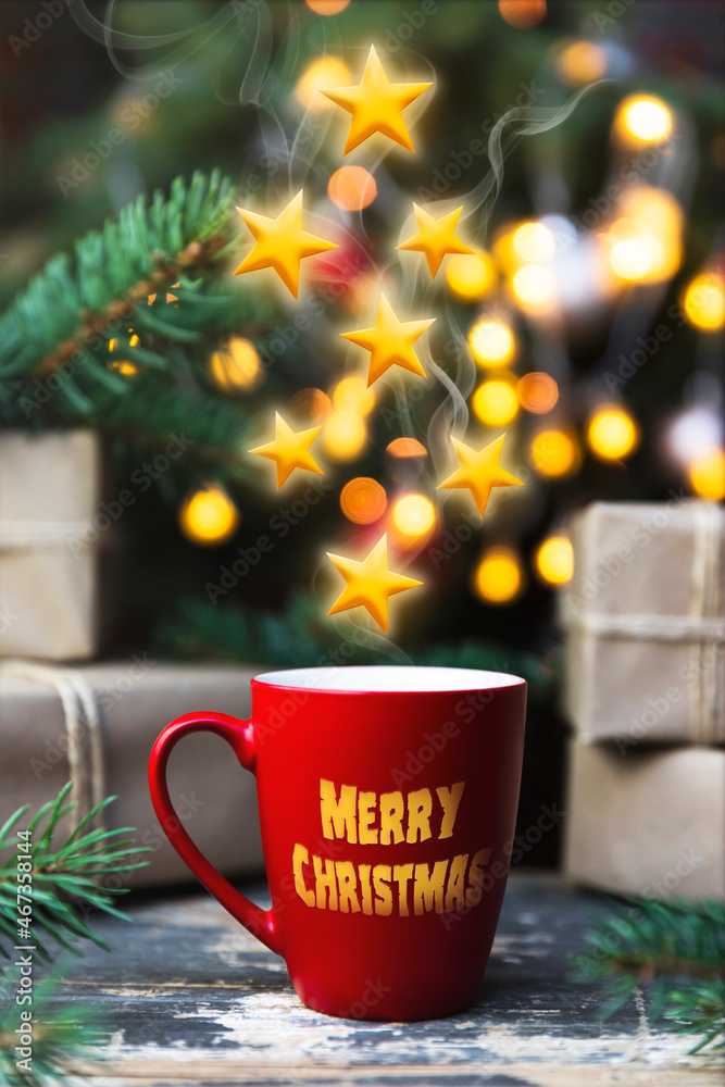 Coffee in a mug with stars comming out of it on the decorated rustic table. Merry Chritmas and Happy New Year Coffee in a mug with stars comming out of it on the decorated rustic table. Merry Chritmas and Happy New Year