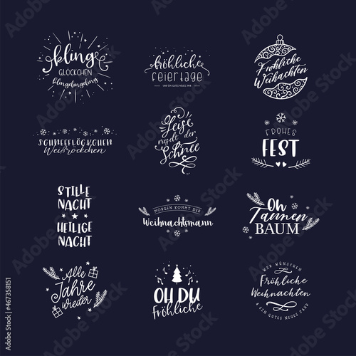 Various German Christmas sayings hand written, lovely typography with decoration, great for labels, tags, cards, invitations - vector design