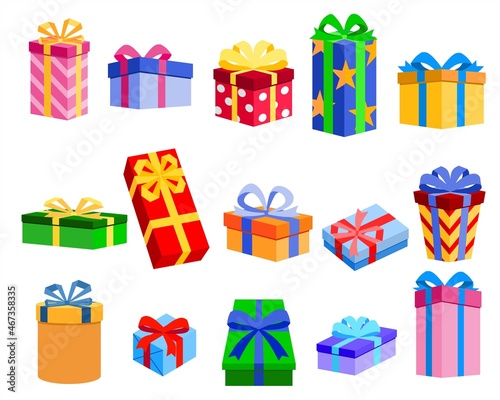 Set of gift boxes. Colorful gift boxes with ribbon. Birthday gift, Christmas present, celebration surprise. Vector illustration