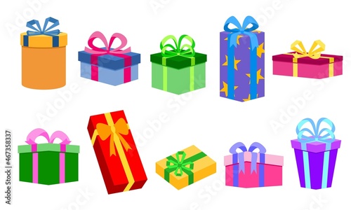 Set of gift boxes. Colorful gift boxes with ribbon. Birthday gift, Christmas present, celebration surprise. Vector illustration