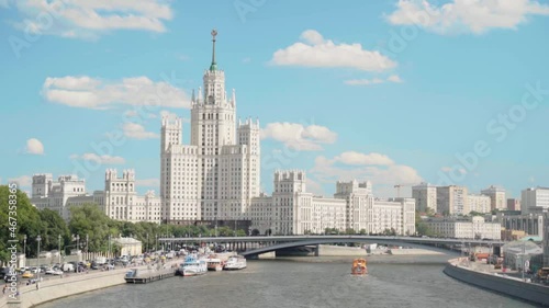 Historic building skyscraper in Moscow on the river channel