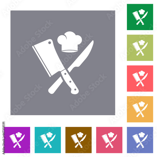 Crossed meat cleaver and knife with chef hat square flat icons