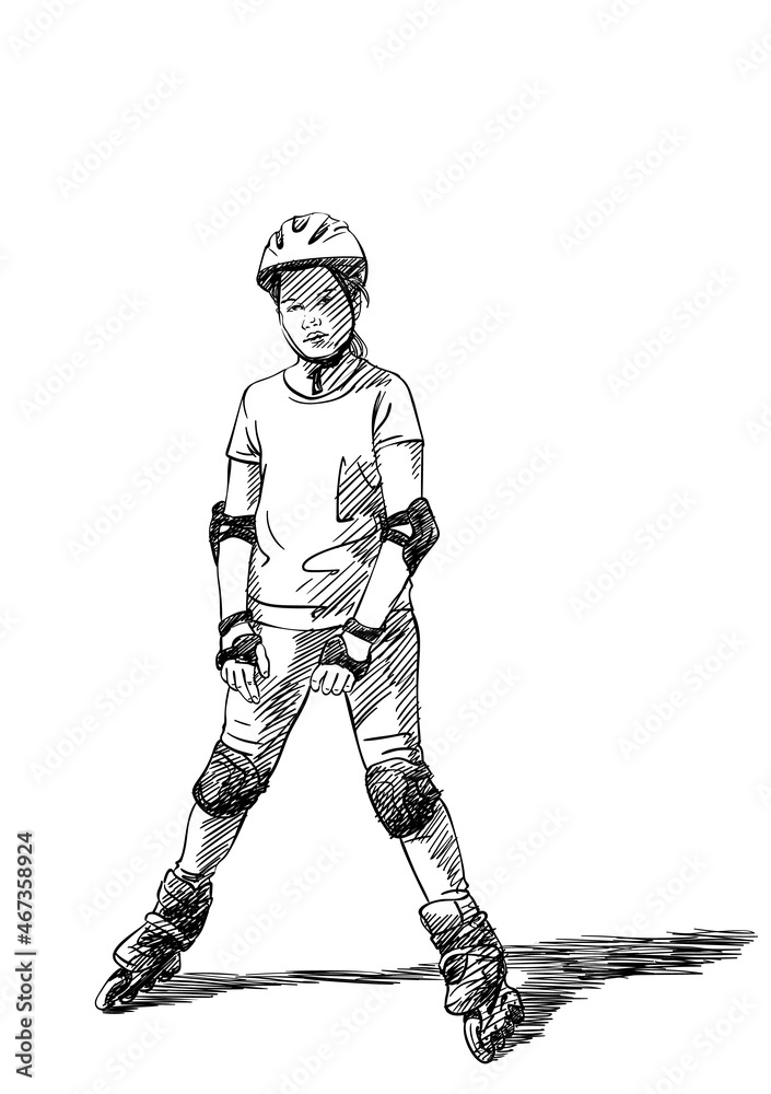 Sketch of teenage girl on rollers skating with unhappy face, Isolated on white background, Hand drawn vector illustration Sketch of teenage girl on rollers skating with unhappy face, Isolated on white background, Hand drawn vector illustration