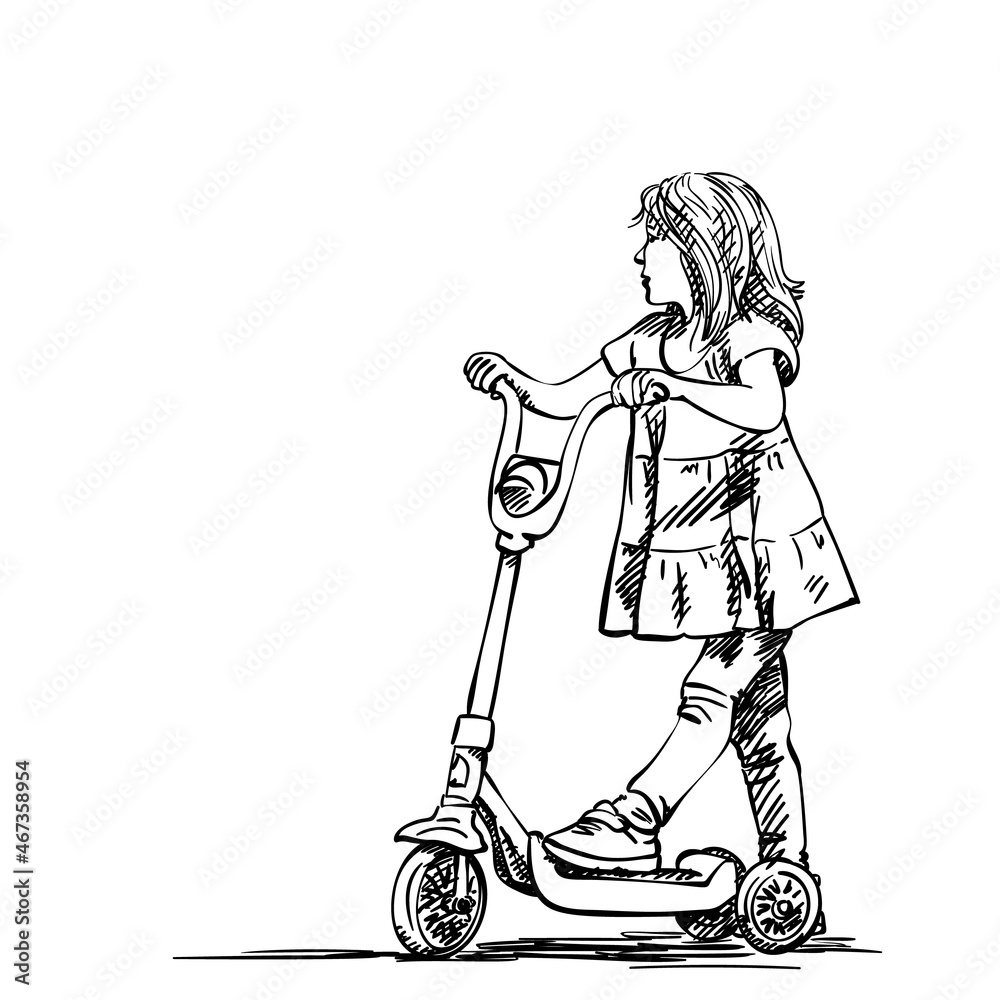 Sketch of cute preschooler girl going to ride kick scooter, Hand drawn vector illustration isolated on white background Sketch of cute preschooler girl going to ride kick scooter, Hand drawn vector illustration isolated on white background