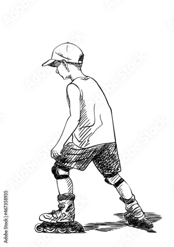 Fototapeta Naklejka Na Ścianę i Meble -  Sketch of boy learning to skate on rollers, Hand drawn vector illustration isolated on white background