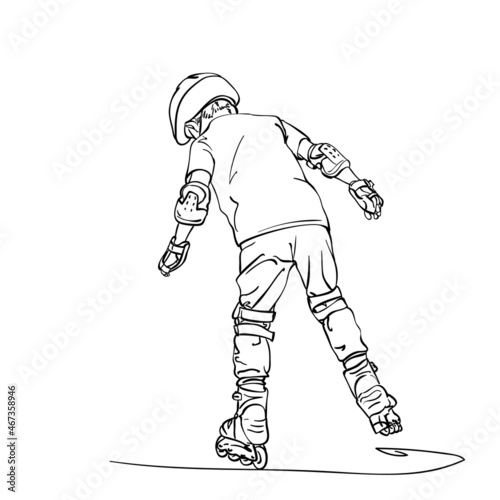 Sketch of boy learning to skate on rollers, View from back, Hand drawn vector linear illustration isolated on white background