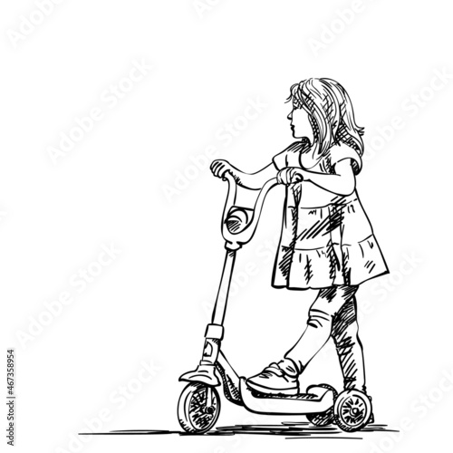 Sketch of cute preschooler girl going to ride kick scooter, Hand drawn vector illustration isolated on white background