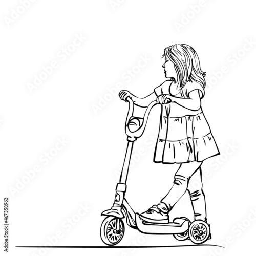 Sketch of cute preschooler girl going to ride kick scooter, Hand drawn vector linear illustration isolated on white background