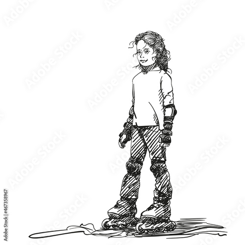 Sketch of cute girl with beautifully braided long hair is standing on skate rollers, Hand drawn vector illustration isolated on white background