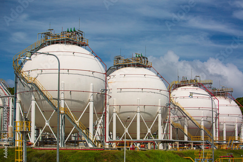 White spherical propane tanks.