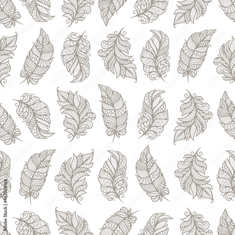 Seamless pattern with decorative feathers, leaves. Endless texture with grey decorative elements on white background. For home textiles, pillow fabrics, bedding. Light calm colors. Vector illustration