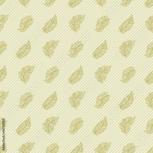 Seamless pattern with lacy feathers. Golden yellow leaves on a light striped background. Infinitely continuing texture for fabrics, textiles, pillows, bedding, wrapping paper. Vector illustration.