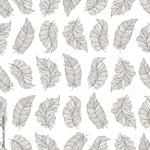 Seamless pattern with decorative feathers, leaves. Endless texture with grey decorative elements on white background. For home textiles, pillow fabrics, bedding. Light calm colors. Vector illustration