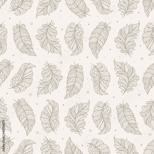 Beige seamless pattern. Decorative gray feathers, openwork leaves in rows, dots, circles on a light background. Texture with pastel colors for wallpapers, fabrics, wrapping paper. Vector illustration.