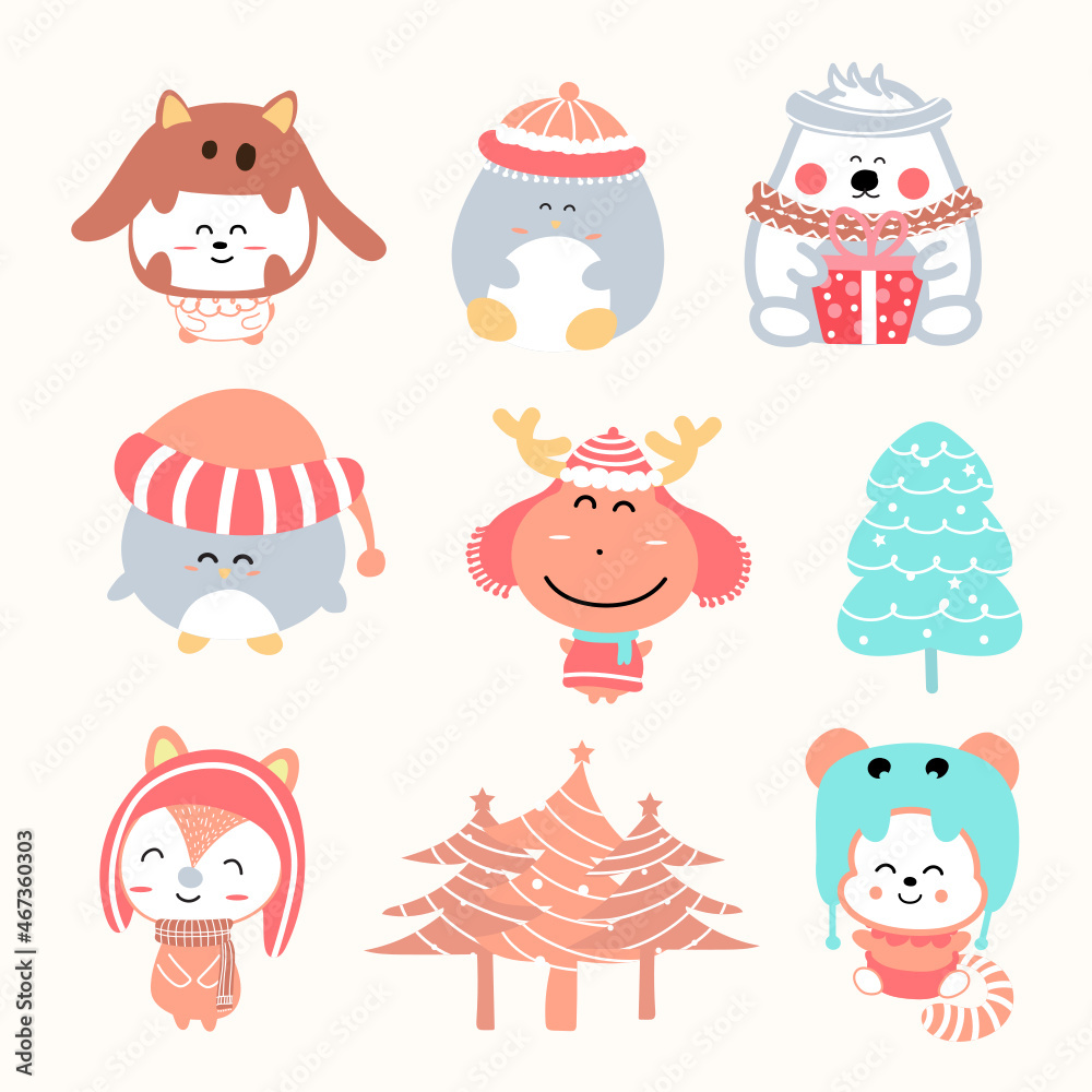 Obraz premium Cute cartoon characters dress up for Christmas. Vector illustration.