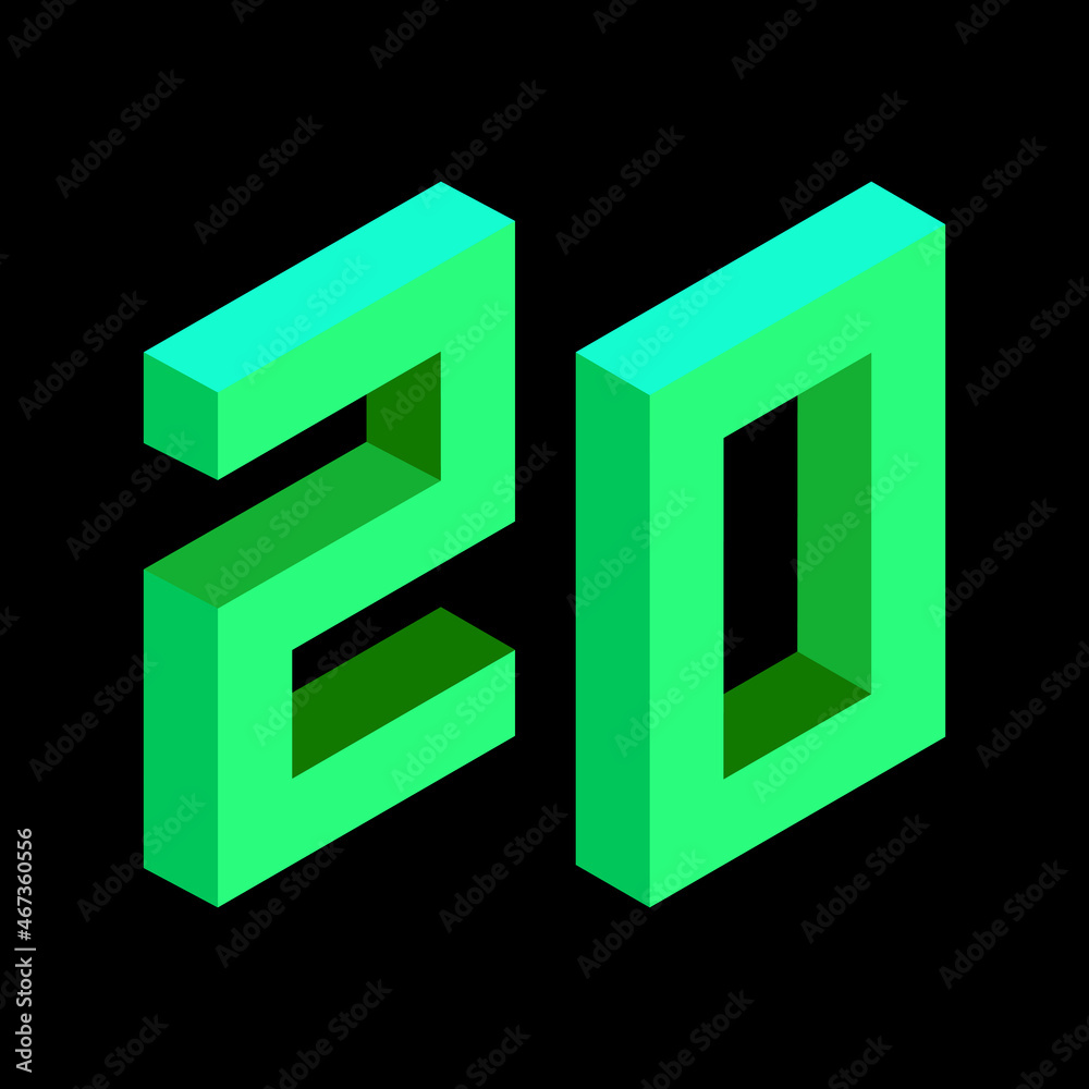 Light green number 20 in isometric style. Isolated on black background. Learning numbers, serial number, price, place. Light green number 20 in isometric style. Isolated on black background. Learning numbers, serial number, price, place.