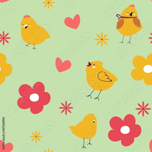 Small chicken and blooming flowers easter pattern