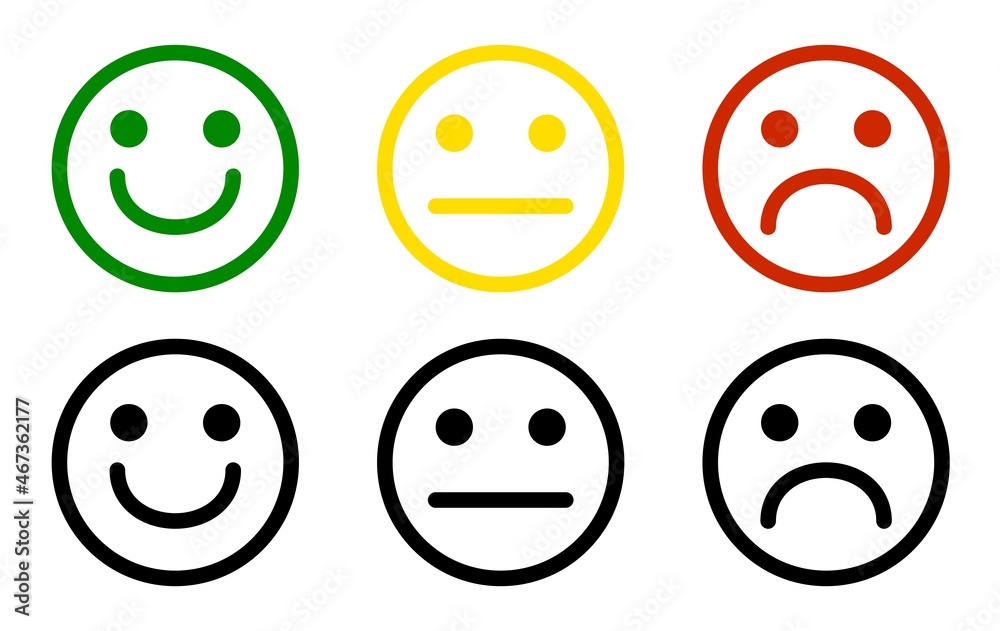 Face smile icon positive, negative neutra vector.Basic emoticons set.Emoji icon set on white background.Happy and sad emoji smiley faces for apps and websites.Vector illustration. Face smile icon positive, negative neutra vector.Basic emoticons set.Emoji icon set on white background.Happy and sad emoji smiley faces for apps and websites.Vector illustration.