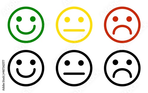 Face smile icon positive, negative neutra vector.Basic emoticons set.Emoji icon set on white background.Happy and sad emoji smiley faces for apps and websites.Vector illustration.