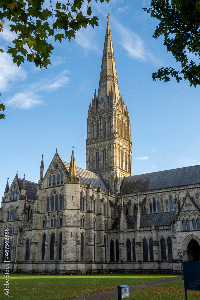 Salisbury, Wiltshire, England, UK. 2021. Salisbury Cathedral  and spire at 404 feet the highest spire in Britiain.