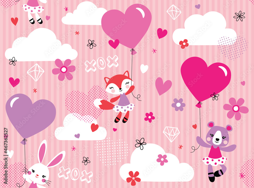 Vector pattern of sweet animal friends flying in the sky with heart-shaped balloons. This pattern repeats seamlessly and is perfect for Valentine's Day backgrounds and surface designs. Vector pattern of sweet animal friends flying in the sky with heart-shaped balloons. This pattern repeats seamlessly and is perfect for Valentine's Day backgrounds and surface designs.